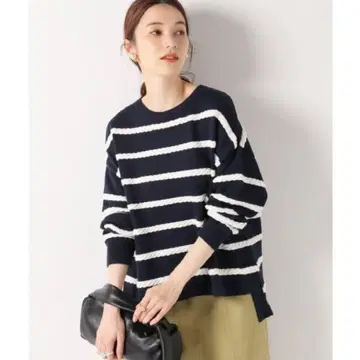 IENA 정가 18,000엔 케이블 보더 니트 풀오버 네이비 프리