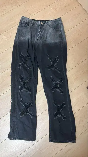 블랙 데미지 와이드 레그스 청바지