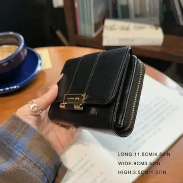 여성용 블랙 PU 가죽 메탈 스트라이프 장식 3단 폴더형 컴팩트 지갑
