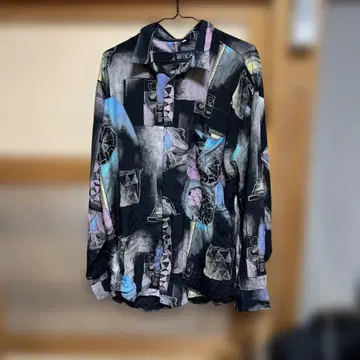 빈티지 레이온 셔츠 L 아트 셔츠 블루 블랙