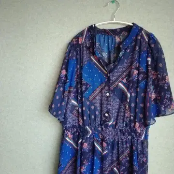 쿠미쿄쿠 네이비 꽃무늬 스트라이프 반팔 셔츠 원피스 15호(XL)
