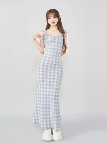 darich 깅엄 자카드 니트 롱 원피스 SAX