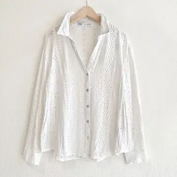 ZARA 자라 컷워크 레이스 블라우스 긴팔 셔츠 아이렛 L 자수