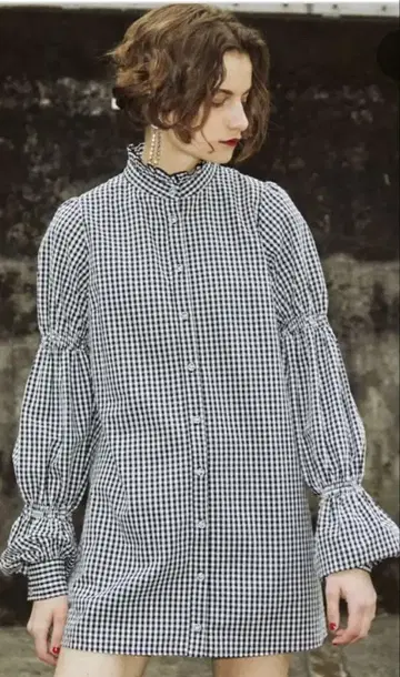 쥬에티 스탠드 카라 미니 원피스 체크 프릴 옷깃 긴팔