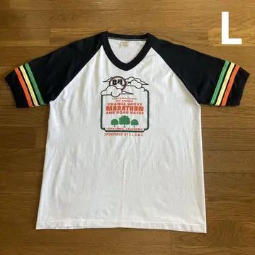 80s USA제 래글런 슬리브 티셔츠 L 화이트 블랙 라스타 컬러 마라톤