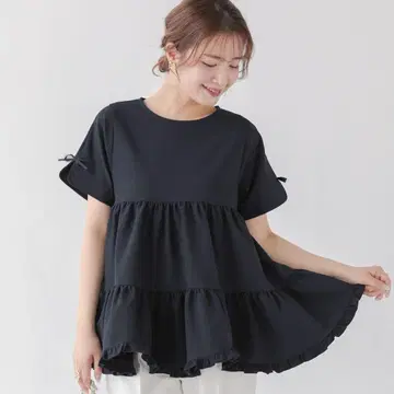 fitmore 슬릿 슬리브 밑단 프릴 티어드 반팔 상의 네이비