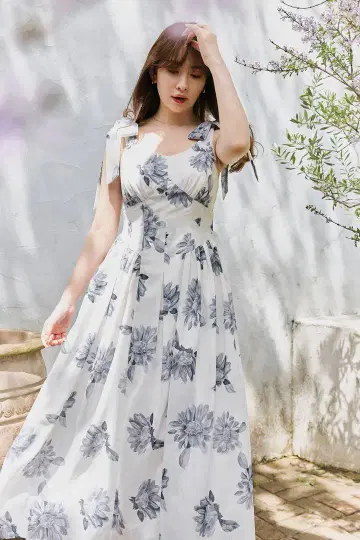 herlipto 해바라기 프린트 미디 드레스