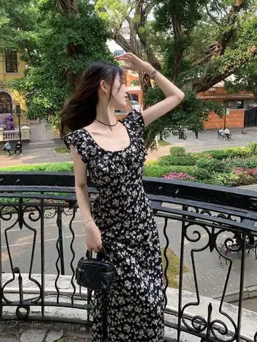 프릴 소매 블랙 플라워 무늬 롱 원피스