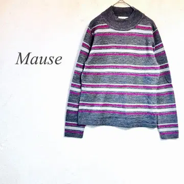 Mause 하이넥 니트 스웨터 긴팔 그레이 빨간색 보더 털 464