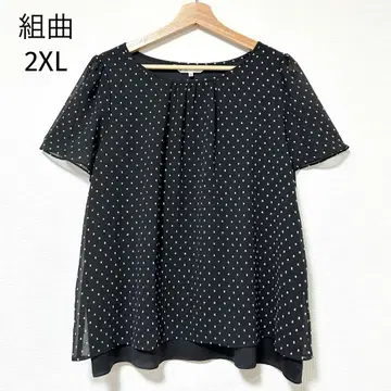 쿠미쿄쿠 6 2XL 도트 무늬 쉬폰 블라우스 반팔 네이비 빅 사이즈