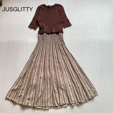 JUSGLITTY 배색 플리츠 니트 원피스 오부 소매 브라운 38