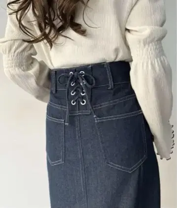 백 레이스업 롱 데님 스커트 네이비