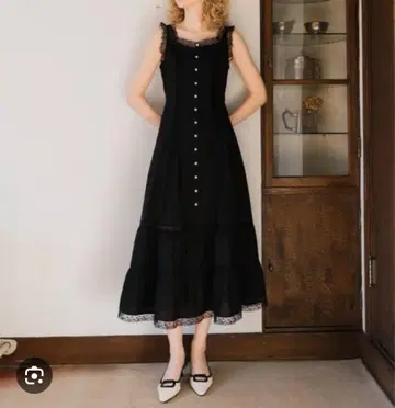 DEICY 레이스 믹스 플레어 원피스 블랙