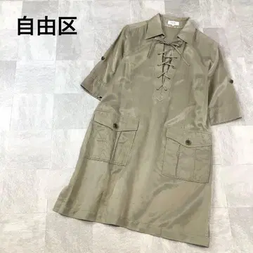 자유구 레이스업 튜닉 린넨 블렌드 롤업 소매 카키