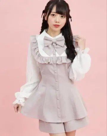 시크릿허니 레이스 소매 & 레이스 요크 셋업 (핑크)