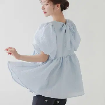 백 리본 볼륨 슬리브 자카드 탑 fitmore