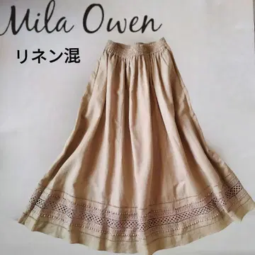 Mila Owen 베이지 레이스 밴딩 플레어 스커트 린넨 혼방