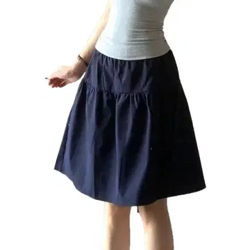 네이비 플레어 스커트 코튼 혼방