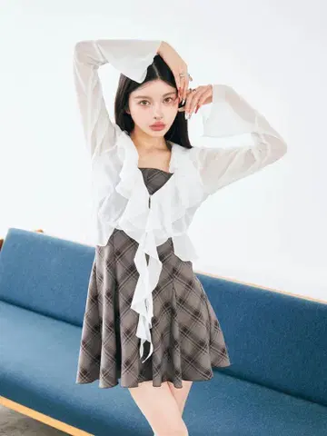 다리치 쉬폰 프릴 숏 가디건
