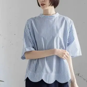 스트라이프 5부 소매 셔츠 스캘럽 밑단