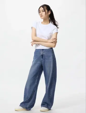 유니클로 배기 커브 청바지 22 짧은 기장 67 블루 온라인 완판템