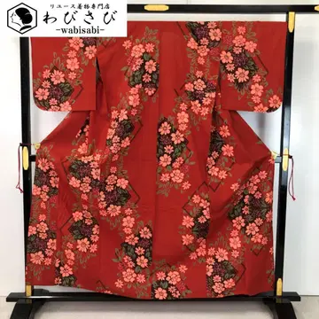 여름 기모노 유카타 곡선 꽃 무늬 다크 단풍색 K-4844