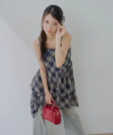 Chico 치코 티어드 사이드 드롭 프릴 미니 원피스 체크
