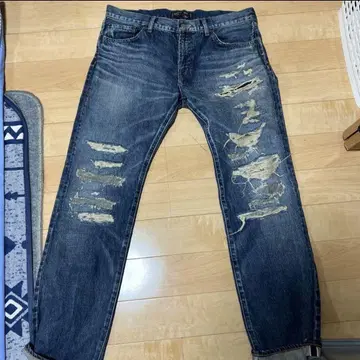 클라이미 데미지 데님 빨간색 귀 데미지 가공 인디고 블루 데님