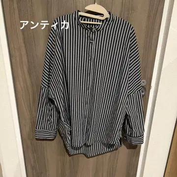 스트라이프 밴드 카라 돌먼 슬리브 코쿤 실루엣 화이트 블랙