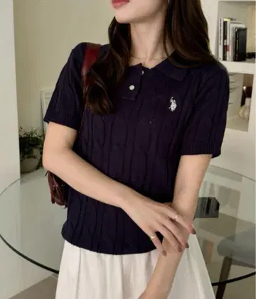 U.S. POLO ASSN 케이블 니트 폴로 셔츠 네이비 M