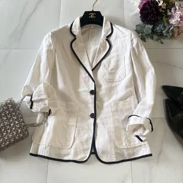 MACPHEE 테일러드 자켓 린넨 코튼 마린 파이핑 화이트 네이비