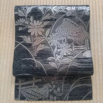 여름 오비 명주 블랙 베이스에 금실의와 꽃무늬 순수 실크 후쿠로 오비