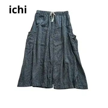 ICHI 린넨 면 소프트 데님풍 와이드 팬츠 허리밴딩 루즈핏 일본제