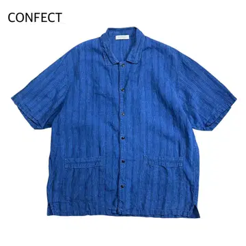 CONFECT 인디고 린넨 스트라이프 셔츠 반팔 린넨 4