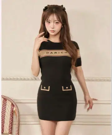 다리치 Darich 포켓 디자인 로고 니트 미니 원피스 블랙