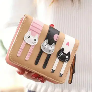 고양이 디자인 두겹 지갑 베이지