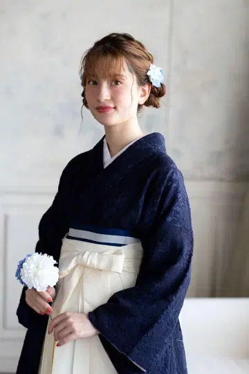 Kimono Sienne 레이스 하카마 네이비 화이트 네이비 화이트