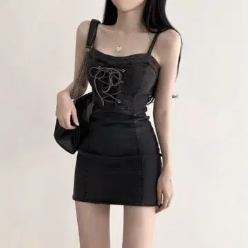 블랙 데님 레이스업 미니 원피스
