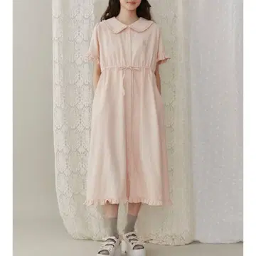 메리 제니 베어 자수 드로스트 거즈 원피스 프릴 카라 부착