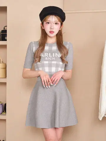 Darich 깅엄 체크 니트 미니 원피스