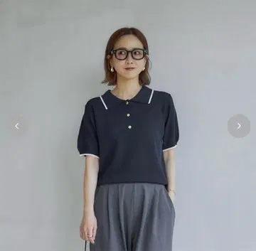 시마무라 다나카 리나 mysa 배색 라인 폴로 옷깃 니트 4L 네이비