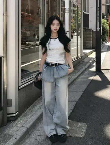 emmy 플리츠 스커트 레이어드 데님 팬츠
