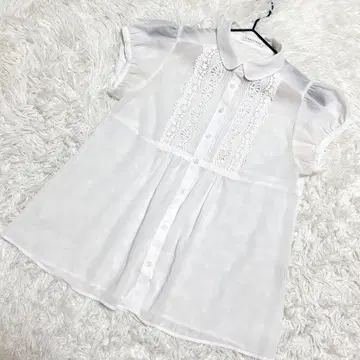 LOWRYS FARM 둥근 카라 블라우스 반팔 레이스 시어 화이트 (M)