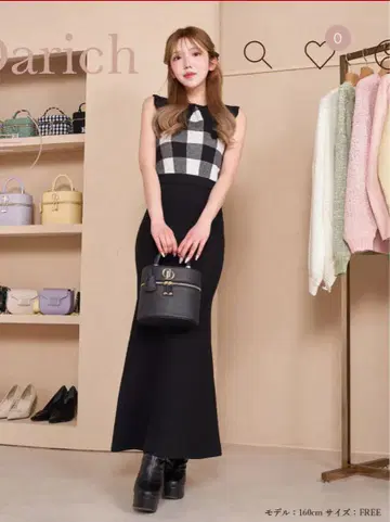 Darich 빅 칼라 깅엄 체크 니트 롱 원피스 머메이드