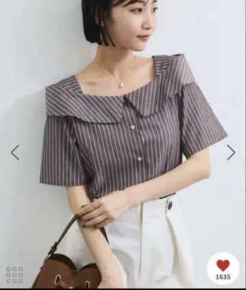 VIS 라메 믹스 오프숄더 스트라이프 셔츠 다크 브라운 주름 방지