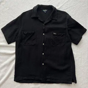 90s OSHKOSH 사슴 무늬 시어서커 오픈 카라 셔츠 반팔 블랙