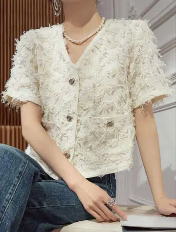 화이트 프린지 반팔 셔츠
