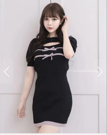 pium 리본 테이프 레이어드 반팔 니트 원피스 BLK 블랙