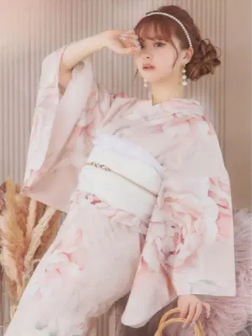 꽃무늬 핑크 유카타 일본 나막신 오비 포함