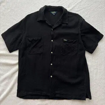 90s OSHKOSH 사슴 무늬 시어서커 오픈 카라 셔츠 반팔 블랙